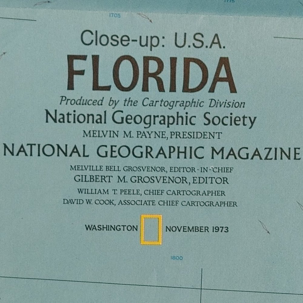 NATIONAL GEOGRAPHIC CLOSE UP MAP OF FLORIDA November 1973